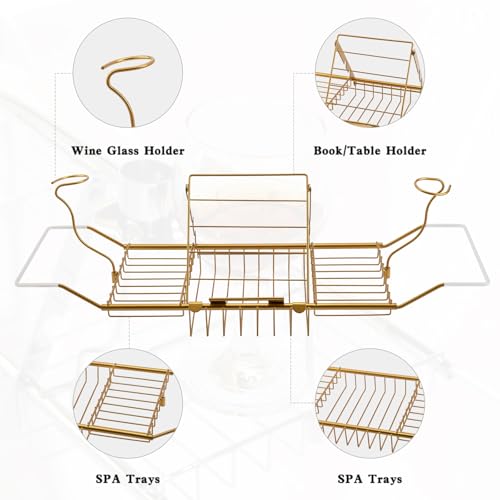 BDL Bathtub Caddy Expandable Bath Tub Tray Table with Wine Holder, Free Soap Dish and Laptop Reading Rack, Bathtub Tray for Home（Bronze） - color: Bronze
