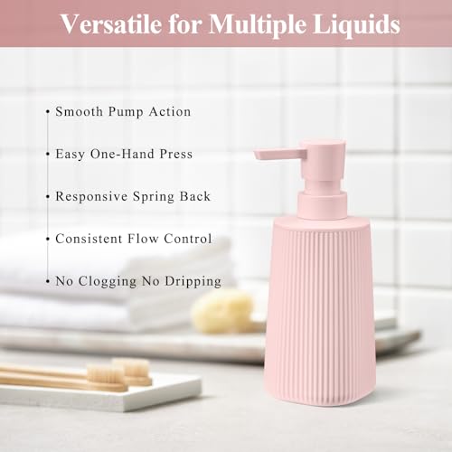 Pink 2 Pack Hand Soap Dispensers Set with No Rust Pump for Bathroom Kitchen or Vanity Countertops Refillable Striped Matte Plastic 8.5 oz Cute Design for Girls Room Decor - color: Pink Set of 2