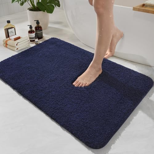 HOMORE Bathroom Rug Set 2 Piece,Soft Absorbent Bath Mats Set,Machine Washable Navy Blue Bath Rug Sets for Bathroom Non Slip,(21"x34"+21"x21") Plush Shaggy U Shape Contour Toilet - color: Navy Blue