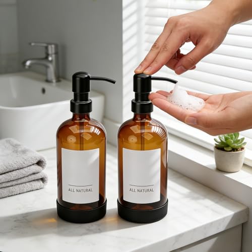 16oz Amber Glass Soap Dispenser Set of 4,Brown Glass Pump Bottles for Bathroom Kitchen,Bathroom Kitchen Hand and Dish Soap Dispenser Set,Modern Brown Soap Dispensers Bottles