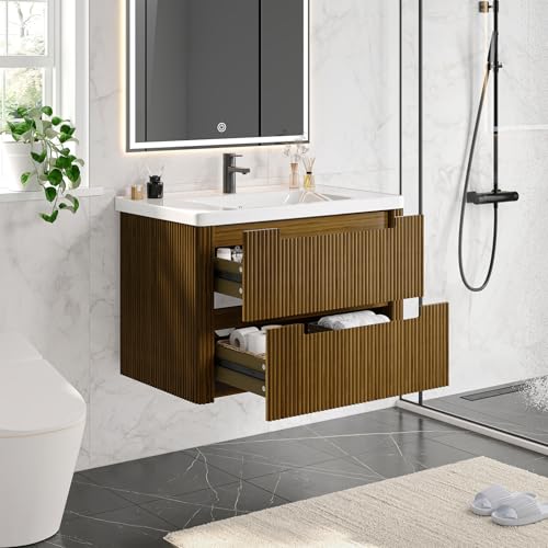 ONBRILL Modern Bathroom Vanity with Sink Combo, Curved Floating Bath Vanity with 2 Drawer, Wall Mount Bathroom Vanities with Integrated Ceramic Sink for Small Space, Apartment (Walnut, 32“) - color: Walnut, size: 32“