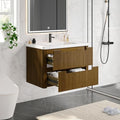 ONBRILL Modern Bathroom Vanity with Sink Combo, Curved Floating Bath Vanity with 2 Drawer, Wall Mount Bathroom Vanities with Integrated Ceramic Sink for Small Space, Apartment (Walnut, 32“) - color: Walnut, size: 32“