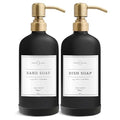 Vine Creations Black Glass Soap Dispenser, 2 Pack Kitchen Soap Dispenser Set with Stainless Steel Pump, 16 oz Dish Soap and Hand Soap Dispensers for Bathroom with Waterproof Labels - color: Matte Black Bottle / Brushed Brass Pump