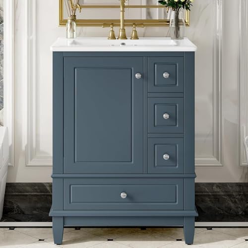 Linique 24" Bathroom Vanity with Sink Combo Set, Solid Wood Frame Bathroom Storage Cabinet with 3 Drawers, Soft Closing Door with Organizer, Blue Gray - color: Blue Gray, size: 24"/ Door with Organizer