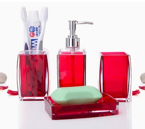 Bathroom Accessories Set,Soap Dispenser,Soap Dish,Toothbrush Holder, Tumbler, Acrylic Bathroom Accessories Set Complete, Modern Bathroom Décor, Gift for Home (RED-4PCS) - color: Red-4pcs