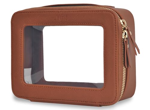 NGIL Clear Faux Leather Travel Toiletry Bag, Makeup Bag Organizer for Women, Clear Window & Gold Zipper Makeup Bag, Road Trip Essential, Skincare, Cruise Ship Essentials (Brown) - color: Brown