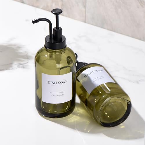 Glass Soap Dispenser with Pump, Dish and Hand Soap Dispenser for Kitchen Bathroom Set, Clear Glass Dispenser Set of 2 Pack with 18 Stickers Funnel Bamboo Tray 500ml 18oz Green - color: Glass Olive Green
