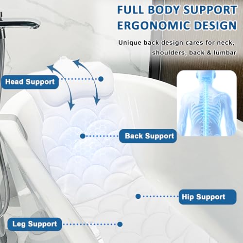 REEZEIVI Full Body Bath Pillow,Thick Bathtub Cushion with Laundry Bag,Bath Pillow with 13 Non-Slip Suction Cups,Soft 3D Mesh Fabric,Bathtub Cushion for Headrest Neck and Back Support (White) - color: White