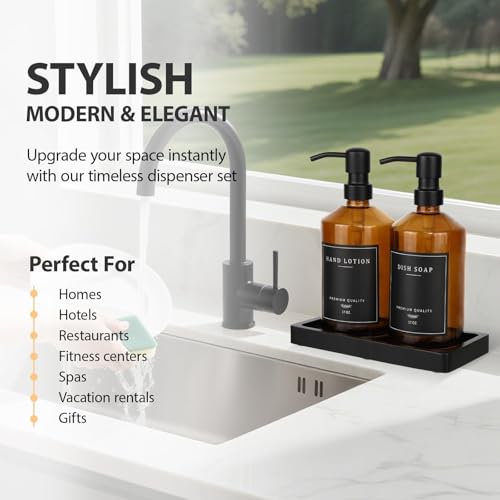 Amber Glass Soap Dispenser, Bathroom Hand Soap Dispensers with Stainless Pump, 17 Oz Kitchen Hand and Dish Soap Dispenser Set, Modern Liquid Soap Lotion Dispenser (Amber Bottle/Black Pump) - color: Amber Bottle + Black Pump