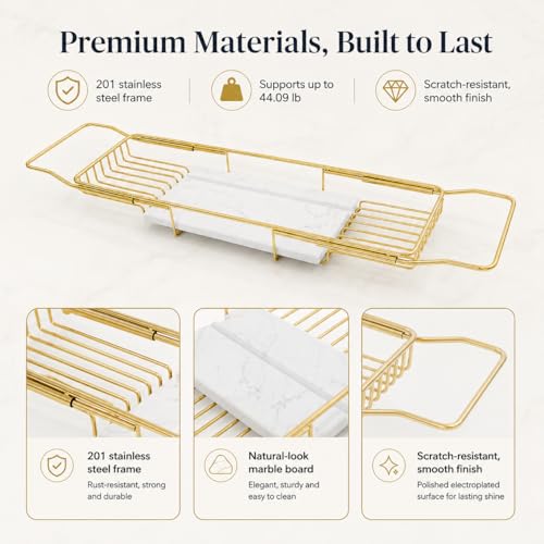 Expandable Bathtub Tray, Stainless Steel Bath Table Tray with Marble Board, Modern Luxury Bathtub Shelf for Bathrooms, Kitchen Sink (Gold + White) - color: Gold + White