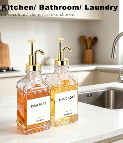 Dish Soap Dispenser for Kitchen, Hand Glass Soap Dispenser Set with Pump, Funnel for Bathroom, Shower, Laundry, Liquid, Lotion (Gold 2 Pack 18 Oz Clear Bottles with 12 Stickers) - color: Gold Square, size: 18Oz