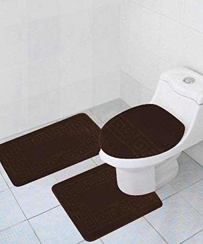 3 Piece Bath Rug Set Pattern Bathroom Rug (20"x32")/Large Contour Mat (20"x20") with Lid Cover (Brown) - color: Brown