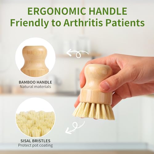4 Pack Bamboo Dish Brush, Dish Scrubber Brush with Sisal Bristle, Natural Scrub Brush for Kitchen Cleaning Dishes, Pots, Pans, Bottles, Vegetables