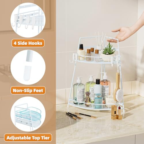 VITVITI 2 Tier Corner Bathroom Counter Organizer, Metal Bathroom Countertop Organizer Shelf Storage, Bath Room Sink Makeup Organizers for Vanity Perfume Skincare with Hooks, White - color: White