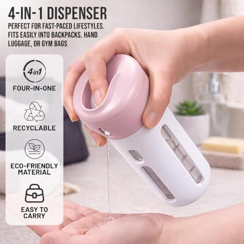 Travigo 4-in-1 Travel Dispenser Bottle, TSA Approved, Leak Proof, Four Reusable 1.4 oz. (40 mL) Toiletry Containers for Shampoo, Conditioner, Soap, Lotion, Skincare (Pink) - color: 1 Dispenser (Pink)