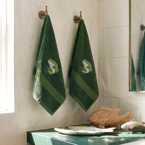 SmoothNovelty 2 Pcs Fishing Hand Towels Olive Green Bathroom Decor 14x29 Inch Embroidered 100% Cotton Soft Absorbent Spring Summer Decorative Hand Towels for Bathroom Kitchen - style: Fishing Hunting