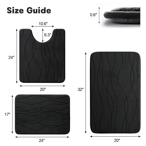 YIHOUSE Bathroom Rugs Set 3 Piece, Memory Foam Bath Mat Black | Ultra Soft, Absorbent, Non-Slip, Machine Washable, for Bathroom, Sink and Toilet - color: Black, size: 2'9" x 1'8" (Rectangular)