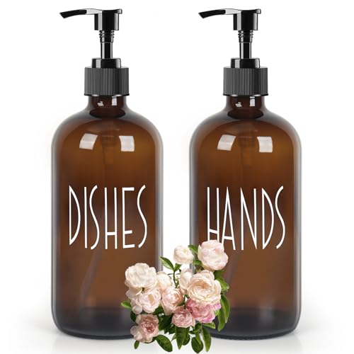 Dish Soap Dispenser with Plastic Pump for Kitchen - 16 OZ Glass Hand Soap Dispenser Set - Kitchen Bathroom Decor and Accessories (Dark Brown) - color: Dark Brown