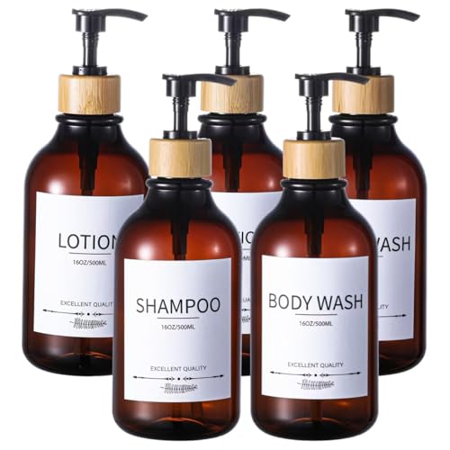 Shampoo and Conditioner Dispenser, 5Pack Refillable Dispenser Bottles,16.9oz Pump Bottles, Amber Shampoo Containers for Shower - color: Amber-b