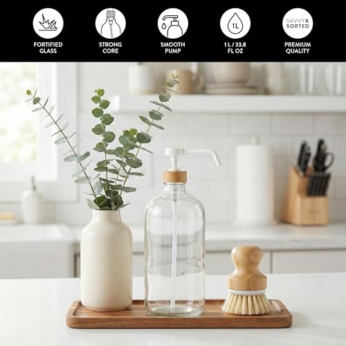 SAVVY & SORTED Glass Dish Soap Dispenser for Kitchen Sink 1 Liter, Hand Soap Dispenser for Bathroom, Refillable Clear Glass Bottles with White Bamboo Pump for Liquid Hand Wash, 34 Fl Oz - color: Clear Bottle - 1 Ltr