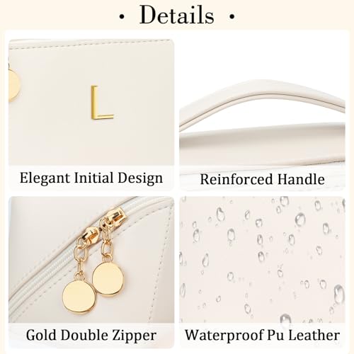 Birthday Gifts for Women Teen Girl, Personalized Initial Makeup Organizer Bag Set, Open Flat Travel Cosmetic Bag With Clear Divider and Handle(Beige,L) - color: Beige, style: L