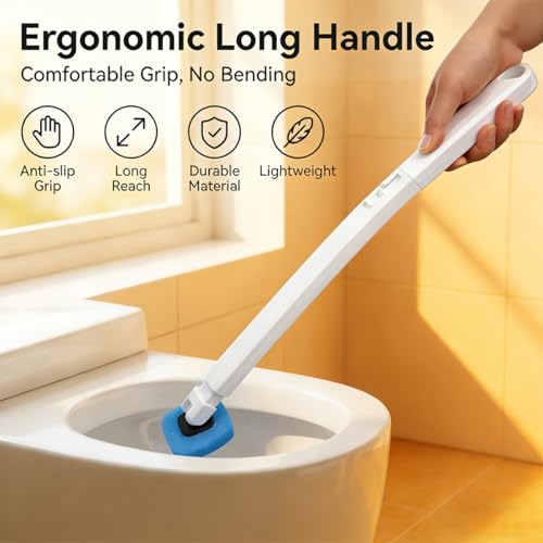 Disposable Toilet Bowl Brush with 12 Refills, Plastic Handle, Blue and Yellow, Dual-Color Sponge Heads, Toilet Cleaning Starter Kit (Plastic Handle with 12 Refills)