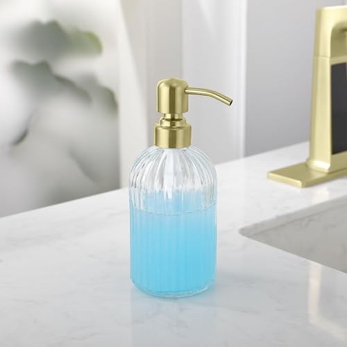 Gold Glass Soap Dispenser with Rust Proof Metal Pump, Vintage & Antique Design, 16oz Clear Glass Dish Soap Dispenser for Bathroom & Kitchen, 2 Packs - color: Brushed Gold + Clear, size: 2-Pack