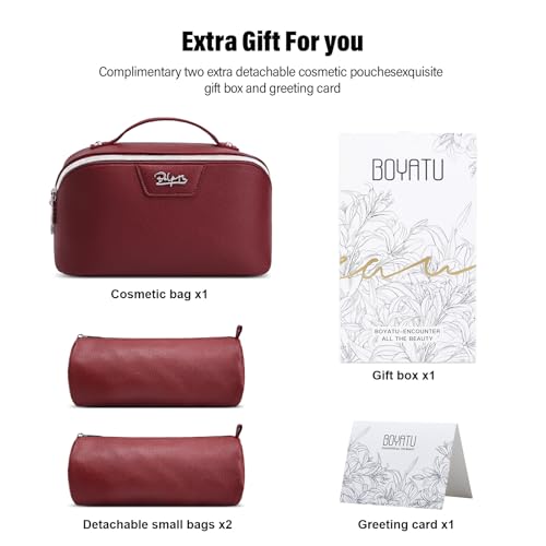 BOYATU Travel Makeup Bag Cosmetic Bags for Women: Large Capacity 3 Pcs Set Make up Bag with Compartments - Waterproof Vegan Leather Toiletry Organizer Bags with Handle (L29Red) - color: L29Red