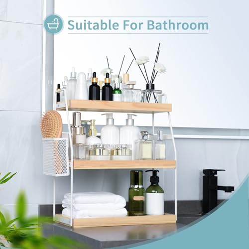 Uneviesyka Bathroom Counter Organizer, 3-Tier Standing Storage Shelf with Basket, Wood Tray for Skincare Vanity Organizer(White) - style: 3 Tier White