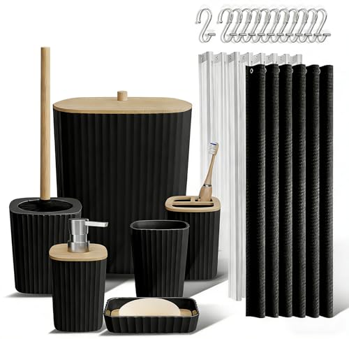 Bathroom Accessory Set 7 Pcs, Plastic Bathroom Set with Bamboo Cover Include Soap Dish, Toothbrush Holder, Mousewash Cup, Shower Curtain Set, Soap Dispenser, Trash Can & Toilet Brush - color: Black, size: 7pack