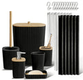 Bathroom Accessory Set 7 Pcs, Plastic Bathroom Set with Bamboo Cover Include Soap Dish, Toothbrush Holder, Mousewash Cup, Shower Curtain Set, Soap Dispenser, Trash Can & Toilet Brush - color: Black, size: 7pack