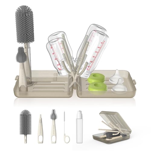 YOTIME Travel Bottle Brush Set, Auto-Open Rack & Vertical Brushs Drying Slots, 3 Brushes, Foldable Drying Rack, Dispenser, Travel Baby Essentials for On-The-Go Parents, Transparent Coffee - color: Transparent Coffee
