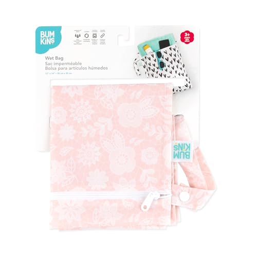 Bumkins Waterproof Wet Bag for Baby, Travel, Swim Suit, Cloth Diapers, Pump Parts, Pool, Beach, Gym Clothes, Toiletry, Hook to Stroller, Daycare, Zipper Reusable Wetdry Packing Pouch, Lace Pink - color: D3 Lace, style: Wet Bag