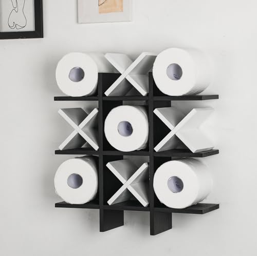 Weysat Tic Tac Toe Toilet Paper Holder Stand Bathroom Wall Decor Rustic Wooden Hanging Storage Freestanding Wall Mounted Shelves Decor for Toilet Tissue Farmhouse - color: Black, White
