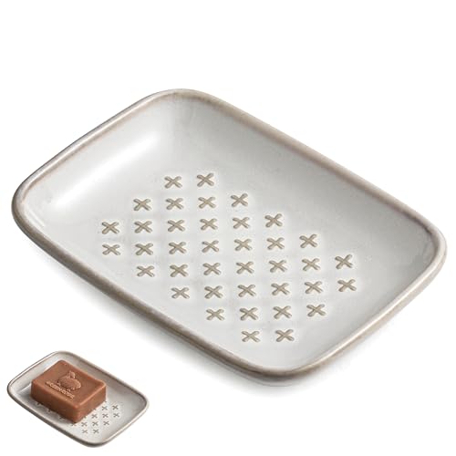 Gomakren Ceramic Soap Dish for Bar Soap 5.5in Cross Soap Saver Tray, Beige | Prevents soggy soap, non-slip bottom, easy to clean, bathroom soap holder, multi-use for sink shower, sponge butter & jewelry - color: Beige, size: Cross