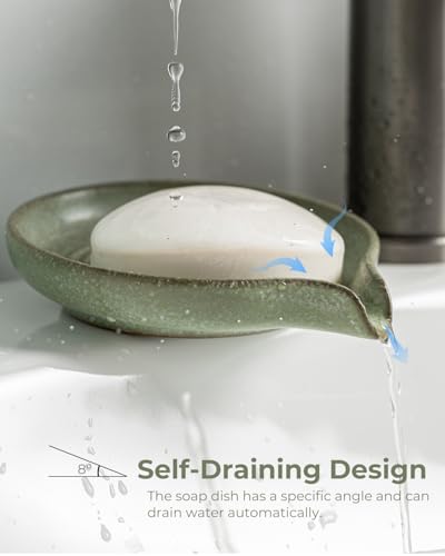 Soap Dishes, Ceramic Shower Soap Dish with Waterfall Design Bar Soap Holder Self Draining Soap Saver for Shower, Bathroom, Sink, Kitchen and Countertop, Green - color: Green, size: Round
