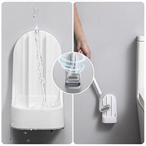 Toilet Brush, Long Handle Golf Toilet Brush with Holder 360° Deep Cleaning Flexible Silicone Toilet Cleaner Brush Wall Mounted for Bathroom (White) - color: White