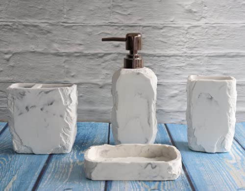 Hymmah Marble Bathroom Accessories Set,Marble Design Toothbrush Holder,Farmhouse Bathroom Decor,4 Pcs Resin Gift Set Apartment Necessities, Contain Toothbrush Cup,Soap Dispenser,Soap Dish,Tumbler - color: Marble White