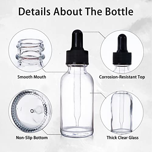 48 Pack 1oz Clear Glass Bottles with Glass Eye Droppers for Essential Oils, Perfumes & Lab Chemicals (Brush, Funnels, 2 Extra Droppers, 54 Pieces Labels & 30ml Measuring Cup Included) - color: Clear-48pack