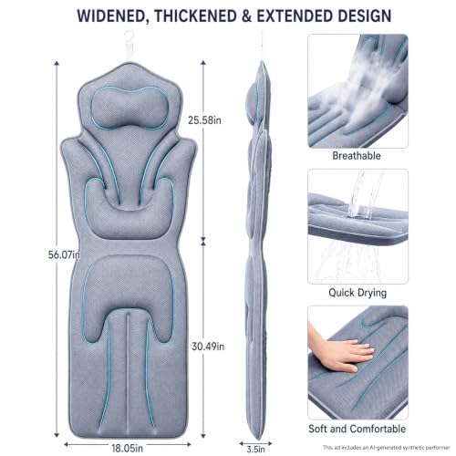 Full Body Bath Pillow for Bathtub Thickened 5D Air Mesh 144 Suction Cups | Bath Pillow Luxury Bathtub Pillow 3.7'' Thick Head, Neck and Back Support Bath Tub Pillow Large 56 x 18 Inch Size - color: Grey, size: Small