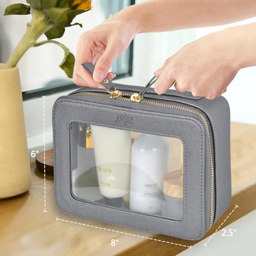 NGIL Clear Faux Leather Travel Toiletry Bag, Makeup Bag Organizer for Women, Clear Window & Gold Zipper Makeup Bag, Road Trip Essential, Skincare, Cruise Ship Essentials (Dark Silver) - color: Silver