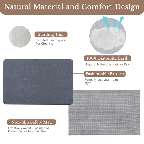 Stone Bath Mat, Natural Diatomaceous Earth Bathroom Rug, Super Absorbent, Quick Dry, Non-Slip Stone Mats for Bathroom, Kitchen, Entryway, Easy to Clean (Curve Dark Grey 1 Pack)