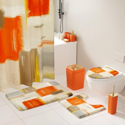 XLHOMO Bathroom Accessories Set - 25PC Bathroom Set with Shower Curtain and Rugs, Orange Bathroom Set, Bathroom Accessory Set with Press-on Lid Trash Can, Soap Dispenser and Qtip Holders for Home - color: Orange & Gold 1, size: Plaid Complete Set + Bath R
