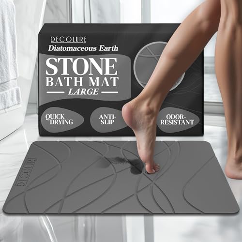 DECOLURE Stone Bath Mat Large, Quick Dry & Non-Slip Diatomaceous Earth Shower Mat for Bathroom, Luxurious & Easy to Clean Diatomite Stone Mat for Bathroom, Kitchen, High Density (Large, Grey) - size: 26" x 17" (Rectangular)