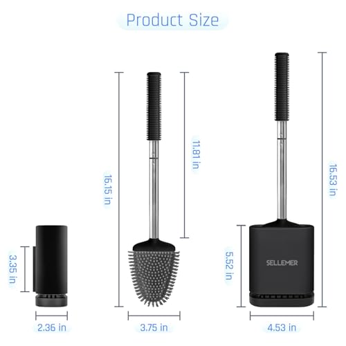 Sellemer Silicone Toilet Brush, Ventilation Slots Base Holder 4 Pack, Black | Flexible Bristles Flat Head for Rim, Hair Tangle-Free, Easy to Clean, Compact Design, Rustproof Handle, for Toilet/Sink/Tub - color: Black-4pcs