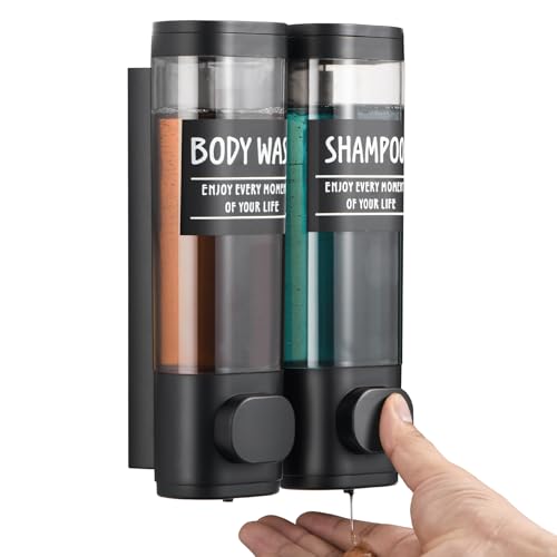 Shampoo and Conditioner Dispenser,GlintGath Shower Dispenser 2 Chamber No Drill Shampoo Dispenser for Shower Wall Mounted Shower Soap Dispenser for Bathroom Hotel,2 * 300ML,Matte Black - color: Black 2 Chamber
