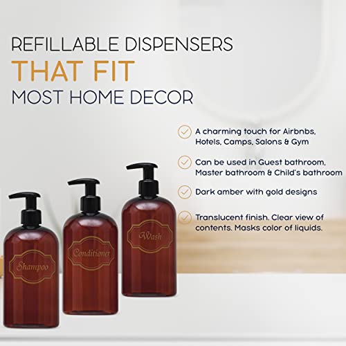 16 oz Plastic Shampoo Conditioner Wash Dispensers (Amber) | set of 3, pump bottles, high-viscosity, shower containers, lotion pumps - color: Amber/Gold/Black