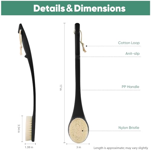 Back Scrubber for Shower, 17-Inch Shower Brush for Men and Women, Long Handle Exfoliating Body Brush, Medium Bristle Stiffness for Dry or Wet Brushing (Black) - size: 17 in - Black