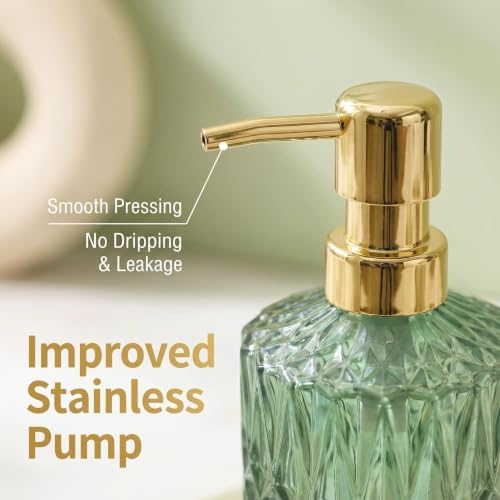 LaMarriti Green Soap Dispenser with Gold Rust Proof Pump, Refillable Clear Glass Kitchen Soap Dispenser, Lotion Dispenser Bathroom for Hands Soap, Dish Soap, Body Wash - color: Green