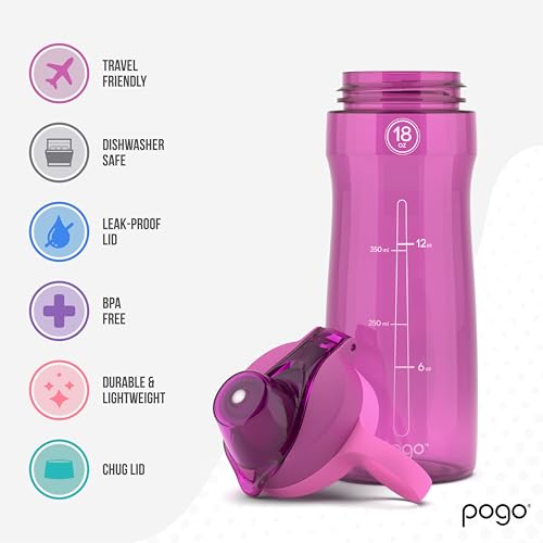 Pogo BPA-Free Plastic Water Bottle with Chug Lid, Fuchsia, 18 oz. - color: Fuchsia, size: 18 Ounces